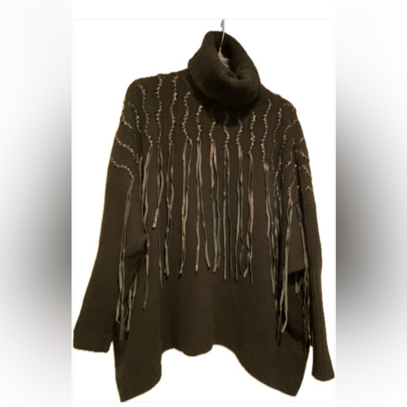 Malandrino Women’s Cashmere Leather Accented Black Turtleneck Sweater Oversized - Picture 1 of 16